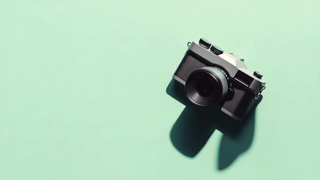 Vintage camera on mint background with soft shadows
