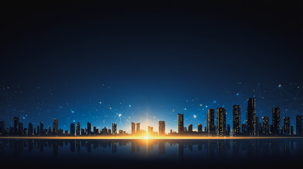 Fototapeta premium Twilight a city of modern business and smart digital innovation with a network of interconnected rewards over the cityscape of the future smart wireless digital city and social media network