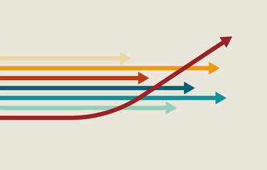 Business growth concept illustration with multiple colorful arrows moving forward, one red arrow rising upward as a symbol of leadership, progress, and success.