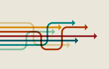 Business growth concept illustration with multiple colorful arrows moving forward, one red arrow rising upward as a symbol of leadership, progress, and success.