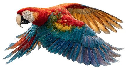 Obraz premium Stunning high-speed photograph of a scarlet macaw in full flight, its vibrant red, blue, and yellow wings spread wide against a white background.