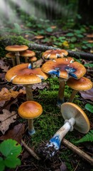 Mystical mushrooms with bright blue hues growing in a lush forest scene