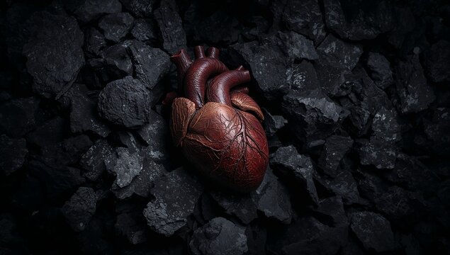 Dramatic heart resting on dark rocks conveys concepts of heartbreak, resilience, anatomy and medicine