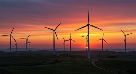 Wind Turbines Silhouetted Against Vibrant Orange Sunset Sky