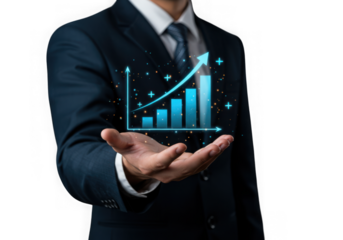 Businessman holding a glowing upward trending financial growth chart