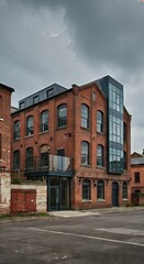 Naklejka premium Renovated brick factory building transformed into modern apartments or offices. Urban gentrification and redevelopment concept.