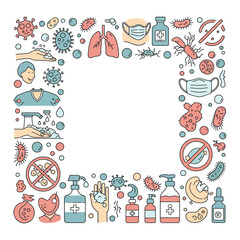 hygiene frame with virus and bacteria healthcare border with germs soap sanitizer and protective mask illustrating health and disease prevention