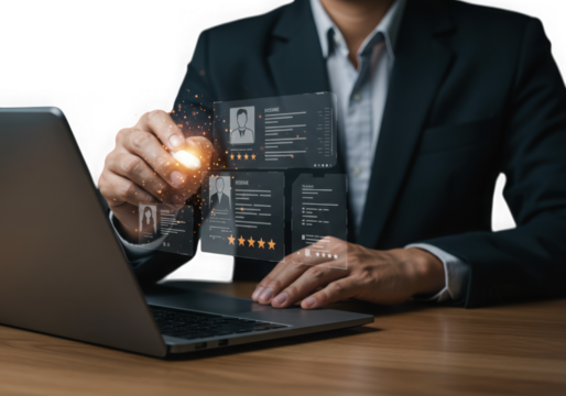 Businessman interacting with digital data on a laptop screen