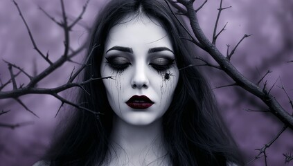 Ethereal woman with gothic makeup evokes moody Halloween style against a haunting purple background