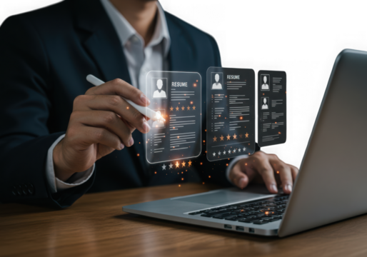 Businessman interacting with holographic data displays and laptop