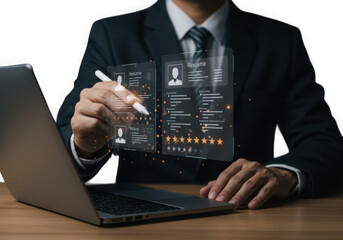 Businessman interacts with holographic resume on a digital interface