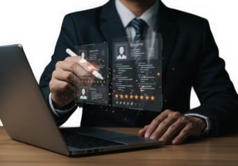 Businessman interacts with holographic resume on a digital interface