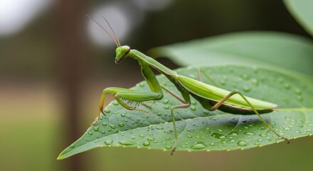 Green Praying Mantis on a Dew-Covered Leaf.