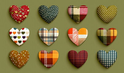 A clipart set of colorful fabric hearts with polka dots and checkered patterns