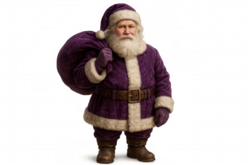 Santa claus wearing a purple suit is carrying a big sack full of christmas gifts on a transparent background