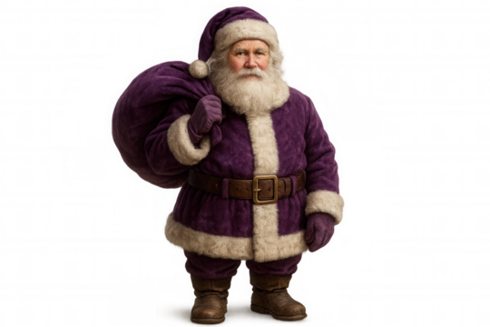 Santa claus wearing a purple suit is carrying a big sack full of christmas gifts on a transparent background