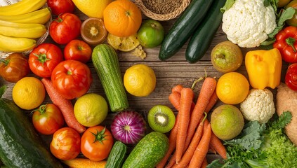 Vibrant assortment of fresh fruits and vegetables for healthy eating, vivid colors on rustic wood surface