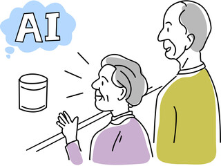 スマートスピーカーに話しかける高齢者夫婦