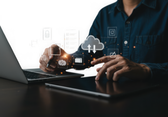 Businessman interacting with digital cloud computing and data security icons