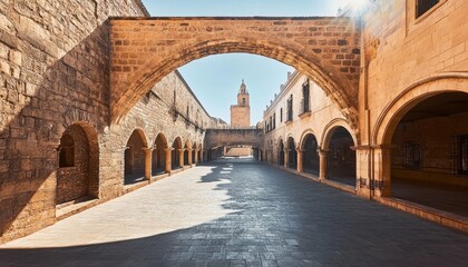 Fototapeta premium Charming Mediterranean Town Square with Historic Arches Under Clear Blue Sky and Vibrant Vibes