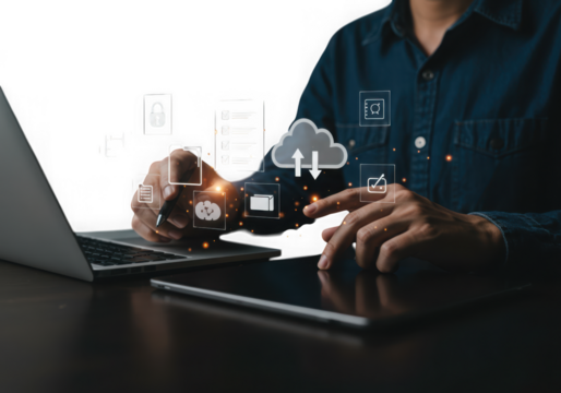 Businessman interacting with digital cloud computing and data security icons