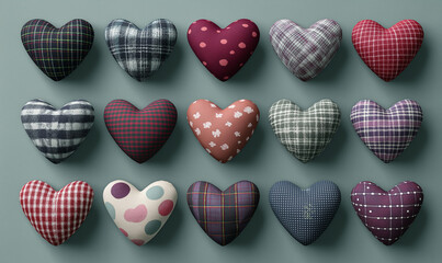 A clipart set of colorful fabric hearts with polka dots and checkered patterns