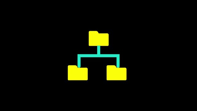 Yellow computer folder icon. Computer network file folder organization structure flowchart networking related concept animation on black background.