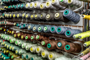 organization of threads in the sewing industry. A neatly organized display of various colored sewing threads on spools, ideal for sewing and crafting projects in vibrant hues