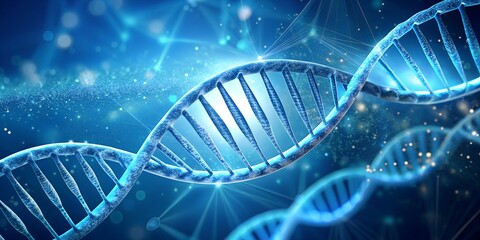 Illuminated dna double helix structure on a blue abstract background