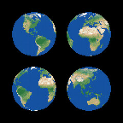 Pixelated Earth globe. World map low-resolution vector set. Planet in retro gaming pixel art style