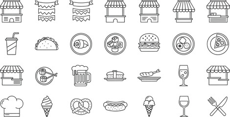 Food stall and menu item line art showcasing various food options and market stands in a clean, simple style design