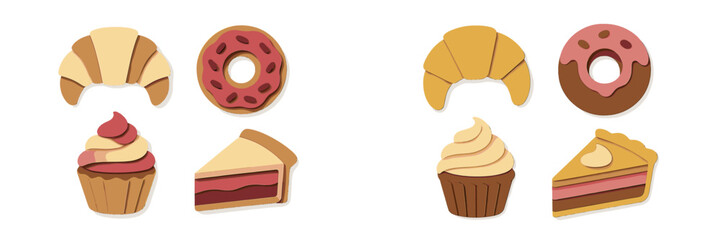 Sweet pastries assortment: croissants, donuts, cupcakes, pie slices