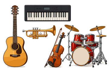 Assorted musical instruments: guitar, keyboard, trumpet, violin, drum set