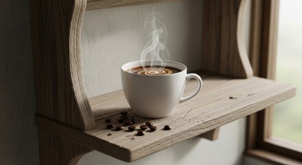 Aromatic coffee cup on a rustic wooden shelf with swirling steam design