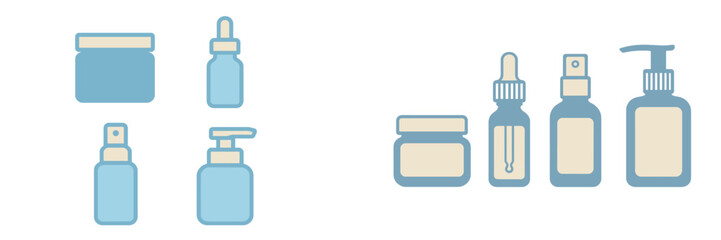 Cosmetic bottles and jars with droppers and pumps for skincare products