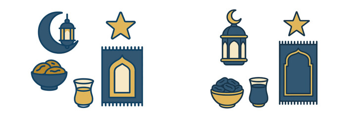 Islamic symbols crescent moon, lantern, prayer mat, dates, and star for Ramadan and Eid celebrations