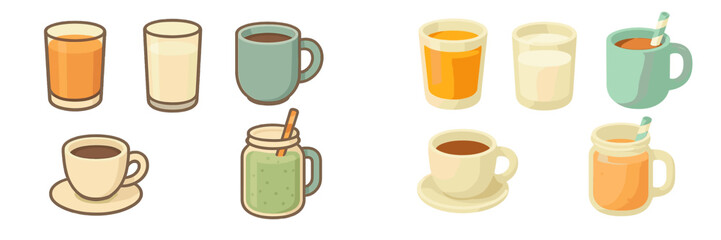 Assorted beverages in glasses and mugs, coffee, juice, milk, and smoothies