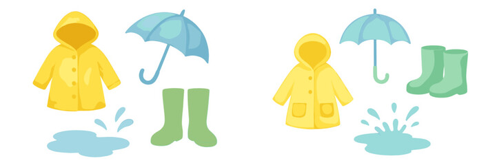 Yellow raincoat, blue umbrella, green boots near puddles