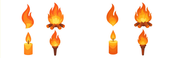 Stylized fire elements icons: campfire, candle, and torch