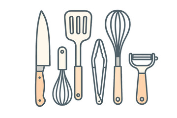 Assorted kitchen utensils for cooking and food preparation