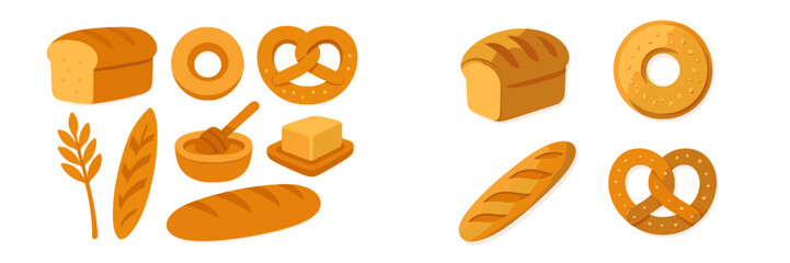 Assortment of baked goods, honey, and butter in flat design style