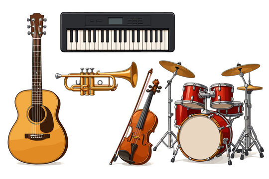 Assorted musical instruments: guitar, keyboard, trumpet, violin, drum set