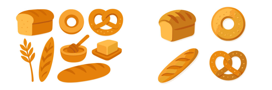 Assortment of baked goods, honey, and butter in flat design style