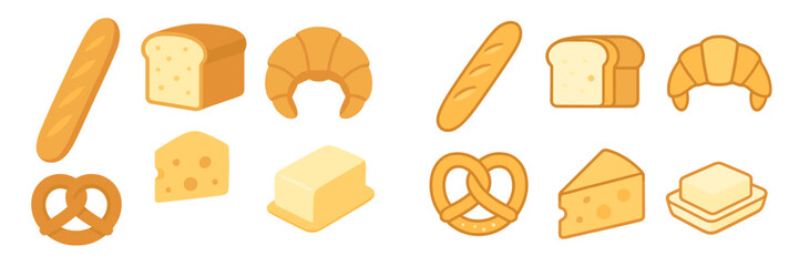 Assortment of fresh baked goods and dairy products including baguettes, loaves, croissants, pretzels, cheese, and butter