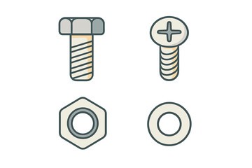 Set of essential metal hardware components including a bolt, screw, nut, and washer for construction and repair