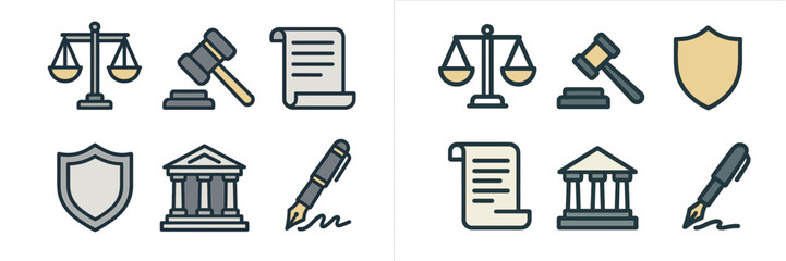 Essential elements of the legal justice system: scales, gavel, document, shield, courthouse, fountain pen