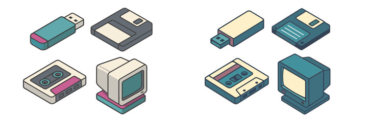 Collection of isometric retro technology devices including floppy disks, USB drives, cassette tapes, and CRT monitors