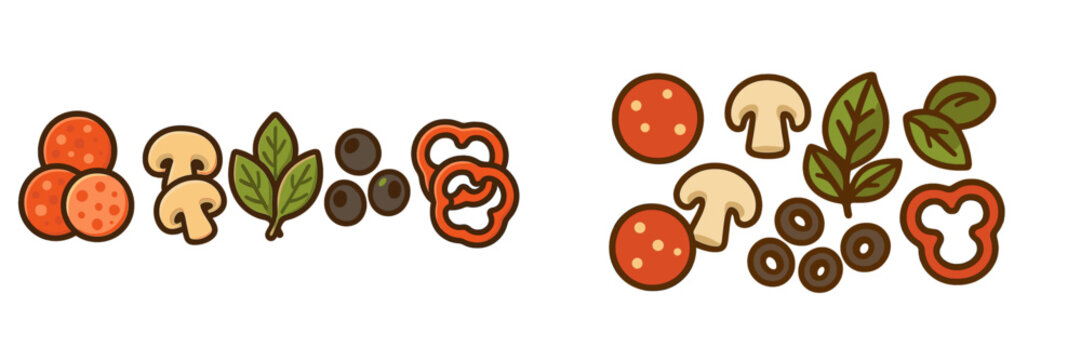 Colorful collection of classic pizza ingredients featuring pepperoni, mushrooms, olives, basil, and bell peppers