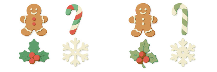 Assortment of classic Christmas holiday elements including smiling gingerbread men striped candy canes holly berries and delicate snowflakes