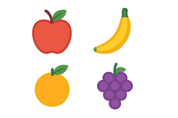 Colorful collection of fresh healthy fruits including a red apple, yellow banana, orange, and purple grapes